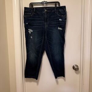 Womens Dark Wash Distressed Cropped Jeans Raw Hem Denim Casual